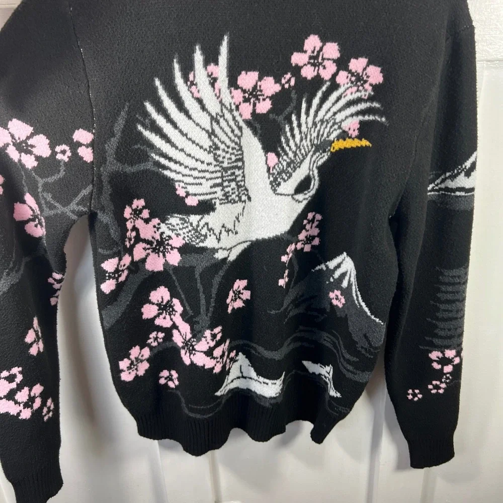 RGSTR Mens Large Black Crane Cherry Blossom Mount Fuji Graphic Knit Sweater